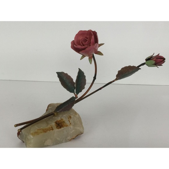Enameled Copper Metal Rose Flower Sculpture Figurine on Quartz Rock Crystal Base - Picture 10 of 12